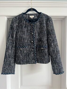 LOFT Navy and White Tweed Braided-Trim Jacket